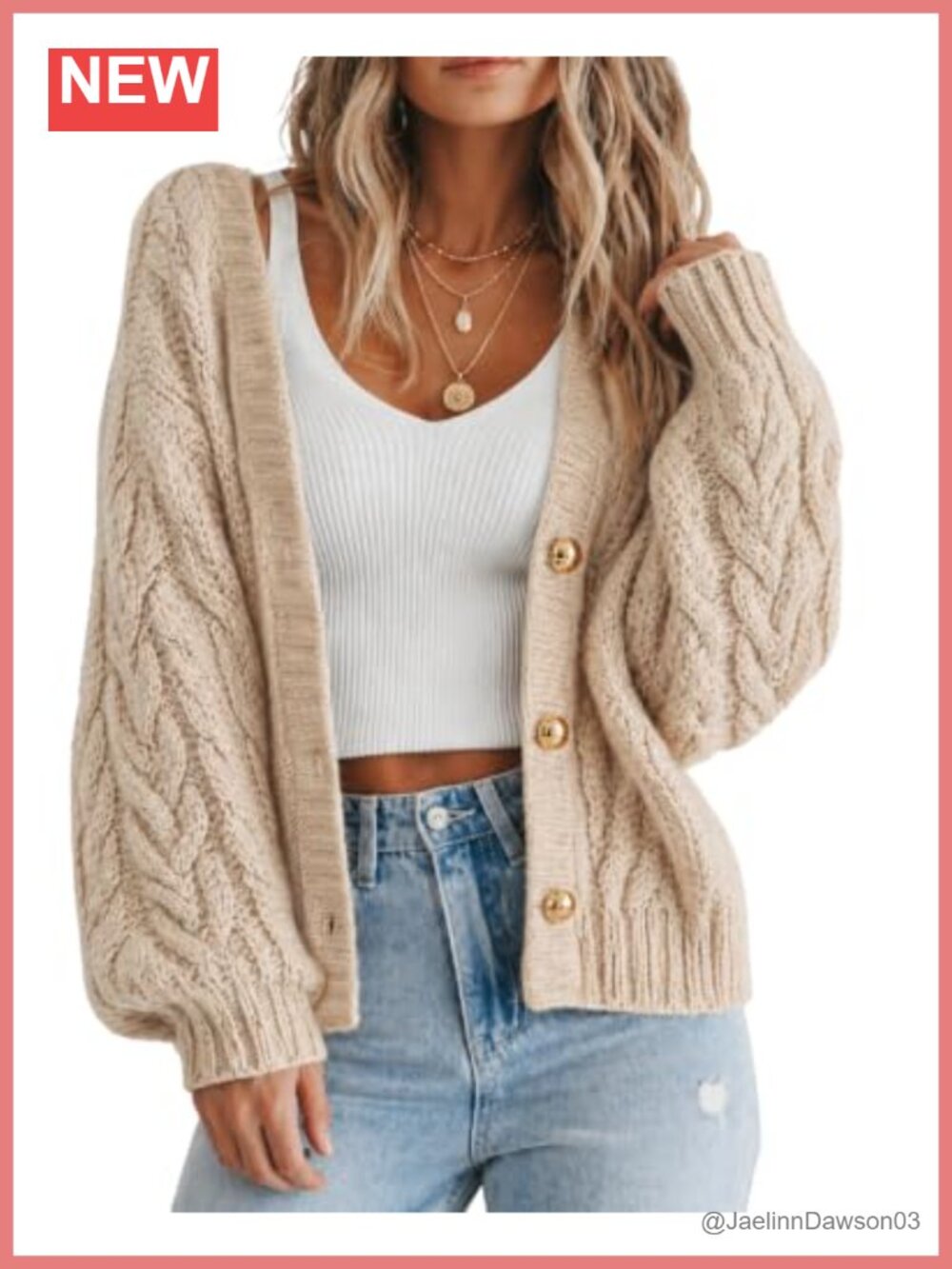 Cable Knit Open Front Cropped Cardigan Gold Button V-Neck Lantern Sleeve